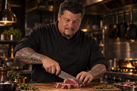 Harley Tanner in chef whites in a professional kitchen