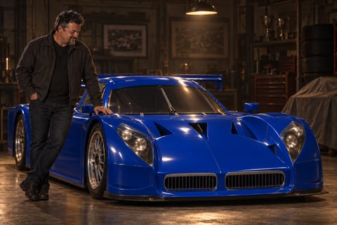 Harley Tanner beside a blue race car in a shop