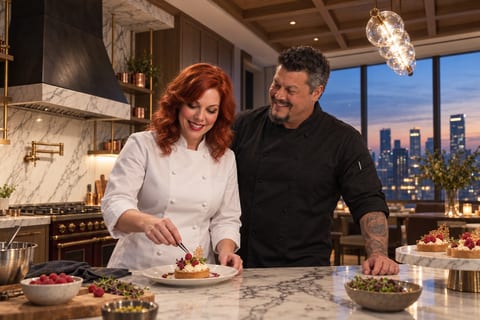 Harley Tanner with his wife in a kitchen